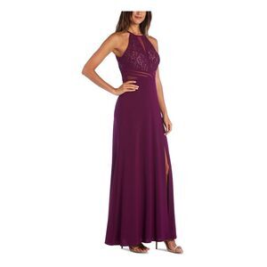 MORGAN & CO Womens Purple Sleeveless Halter Full-Length Formal Dress 1